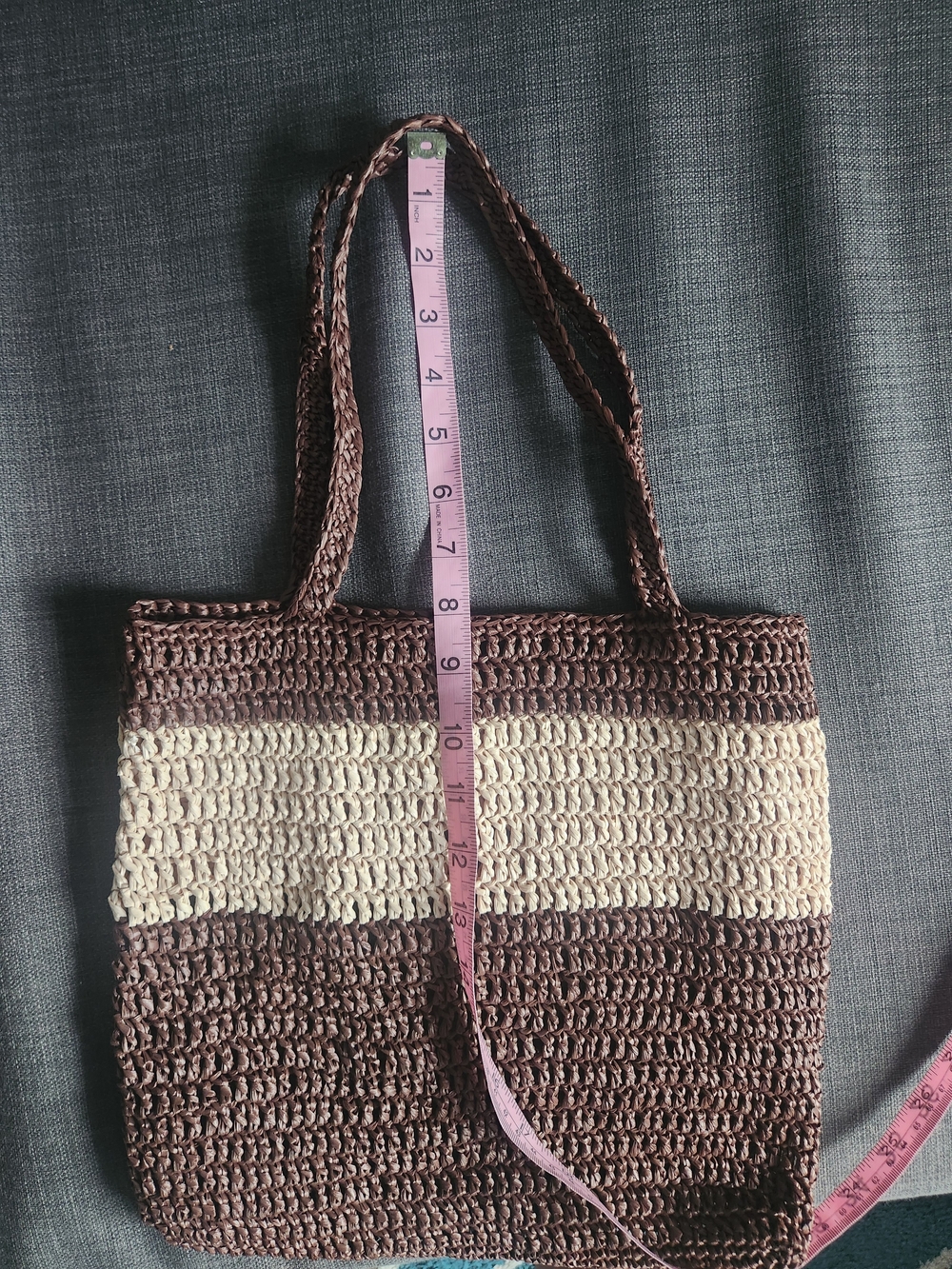 Handmade Raffia Brown and Cream Crochet Tote Bag - Picture 4 of 4